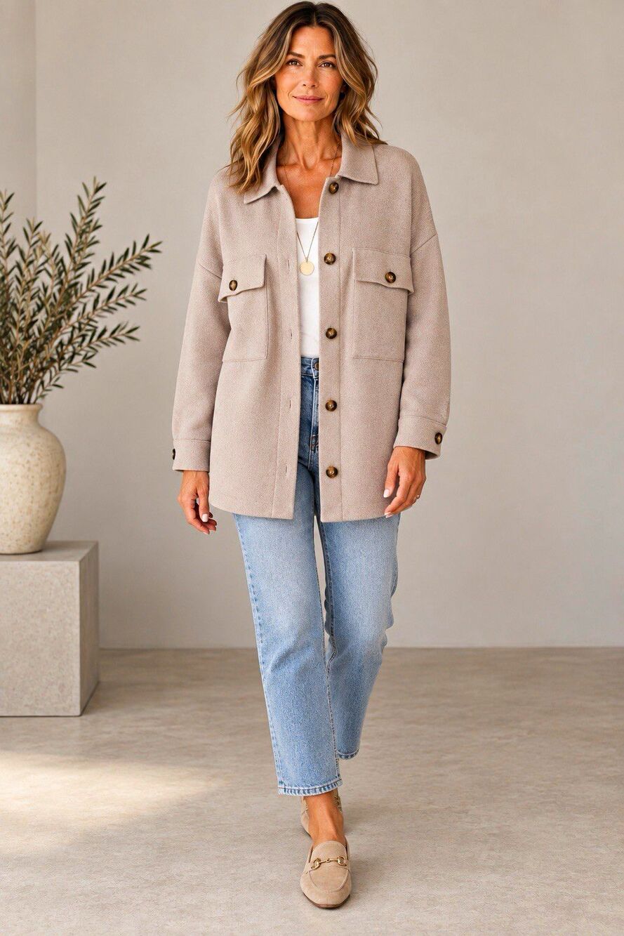 Truth by Republic Beige Button Front Collared Shacket cardigan Patch Pockets LG